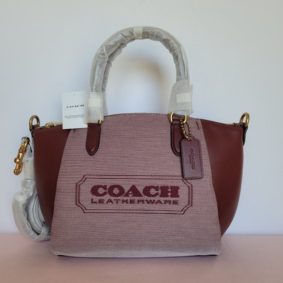 COACH Elise Badge Satchel In Jacquard & Refined Leather- Wine Multi $245⭐ - Picture 5 of 16